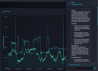 Screenshot of Aquasight AVA™ AI Utility Assistant analyzing sensor data and providing actionable insights for water and wastewater utilities.