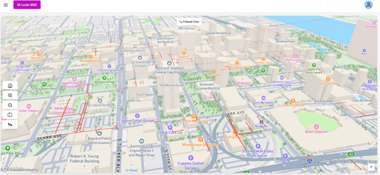 3D GIS map view of St. Louis highlighting high-risk sewer mains identified by Aquasight AMP™ to support proactive replacement and planning.
