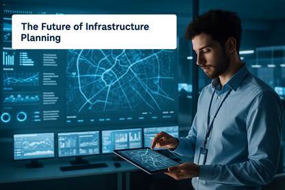 Utility professional analyzing infrastructure data on a digital dashboard, representing the future of water utility planning with AI and advanced asset management.
